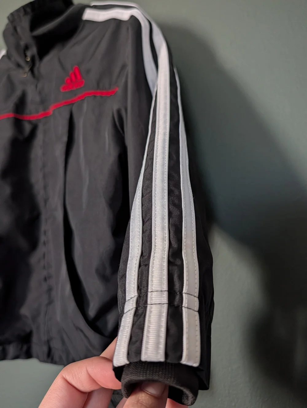 adidas Kids Black Jacket with Red Accents and White Stripes 18month 🦖